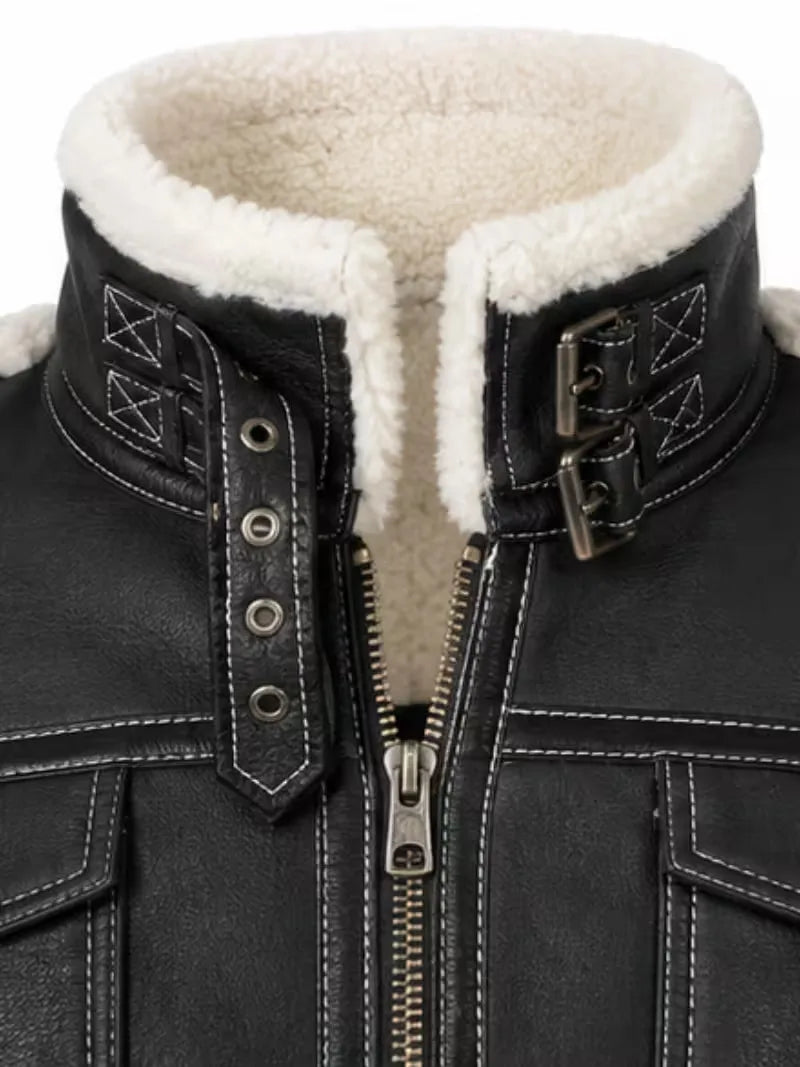 Women's black leather shearling leather jacket, zip and closure detail