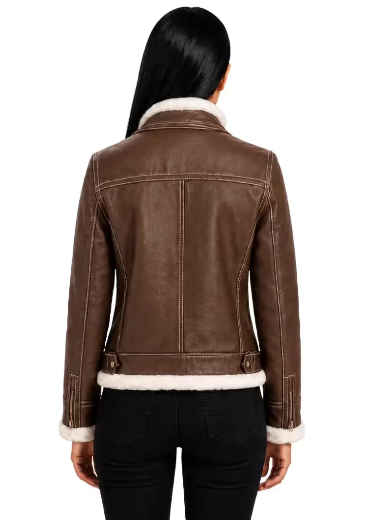 Women's black leather shearling leather jacket, collar detail
