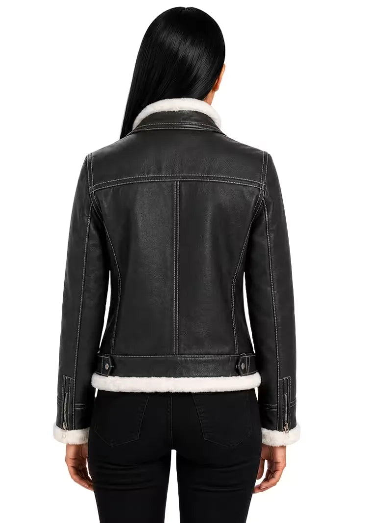 Women's black leather shearling leather jacket, back view