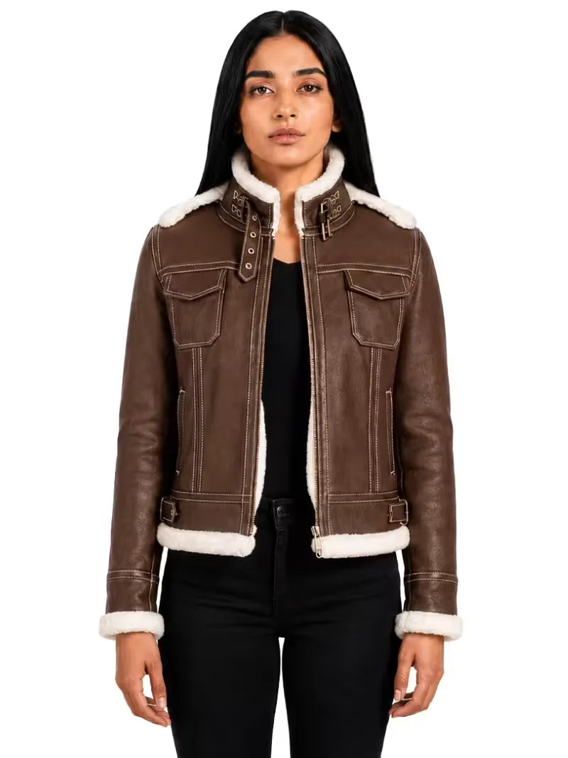 Women's black leather shearling leather jacket, side view