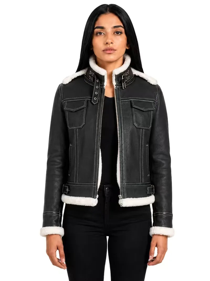 Women's black leather shearling leather jacket, front view
