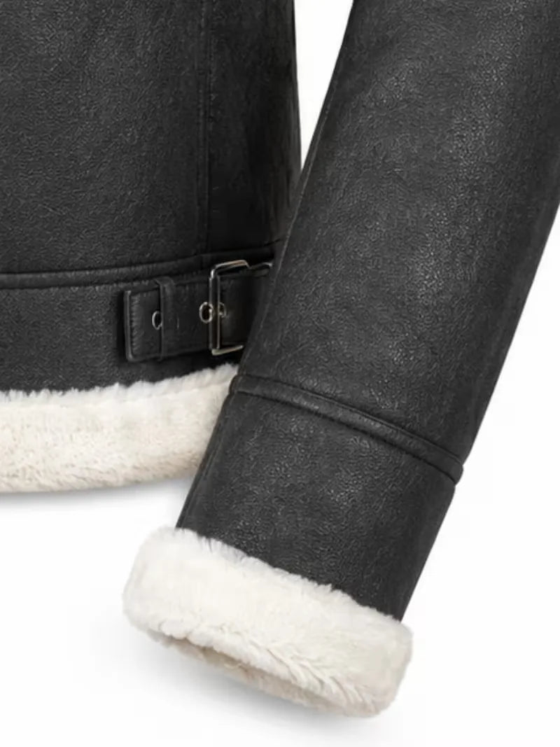 Women's black leather shearling leather jacket, lining detail