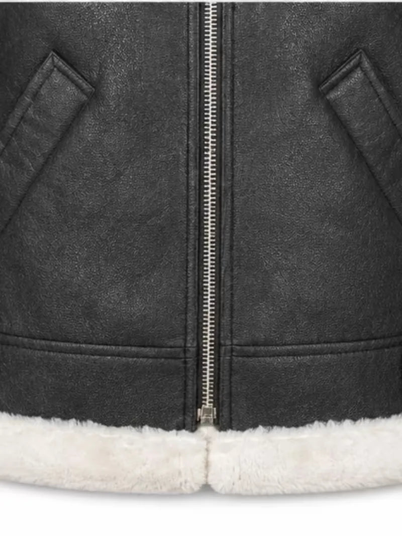 Women's black leather shearling leather jacket, pocket detail