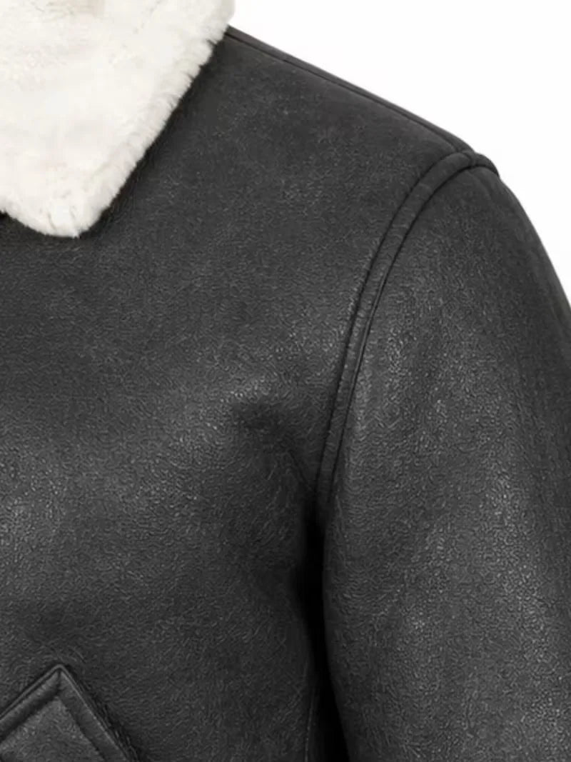 Women's black leather shearling leather jacket, cuff detail
