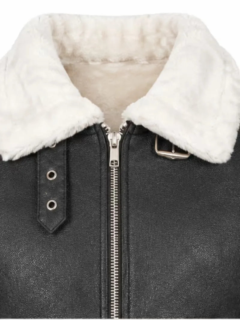 Women's black leather shearling leather jacket, zip and closure detail