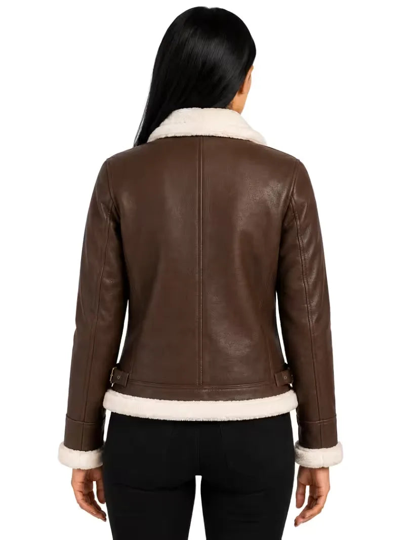 Women's black leather shearling leather jacket, collar detail