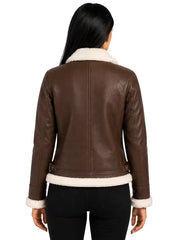 Women's black leather shearling leather jacket, collar detail