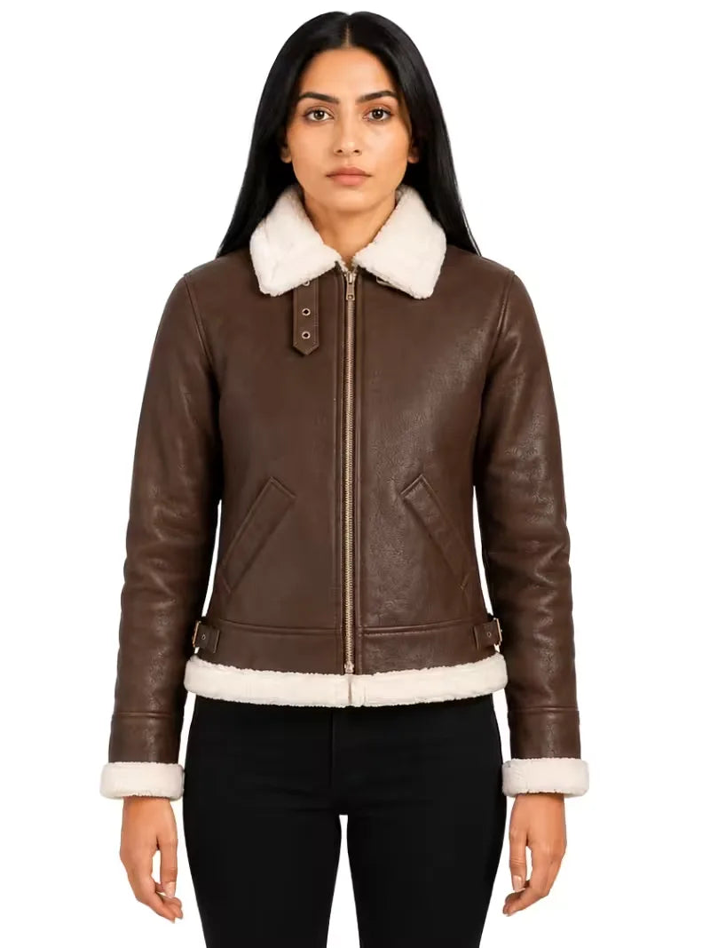 Women's black leather shearling leather jacket, side view