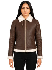 Women's black leather shearling leather jacket, side view