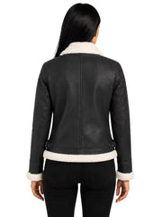 Women's black leather shearling leather jacket, back view