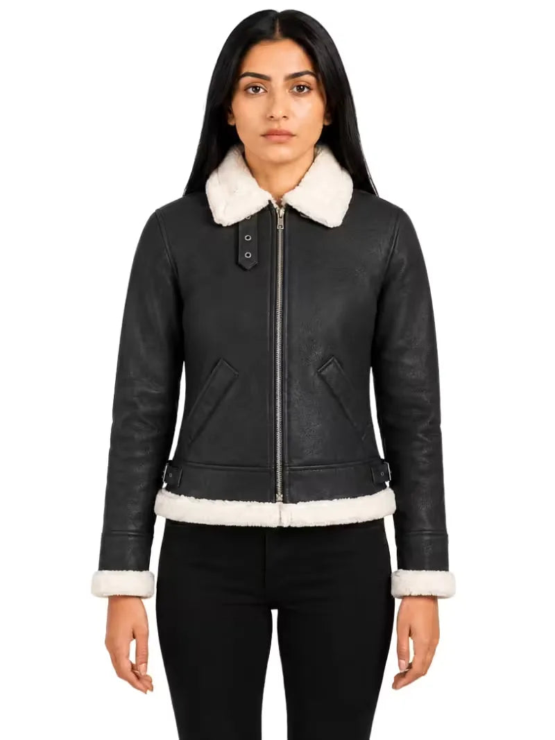 Women's black leather shearling leather jacket, front view