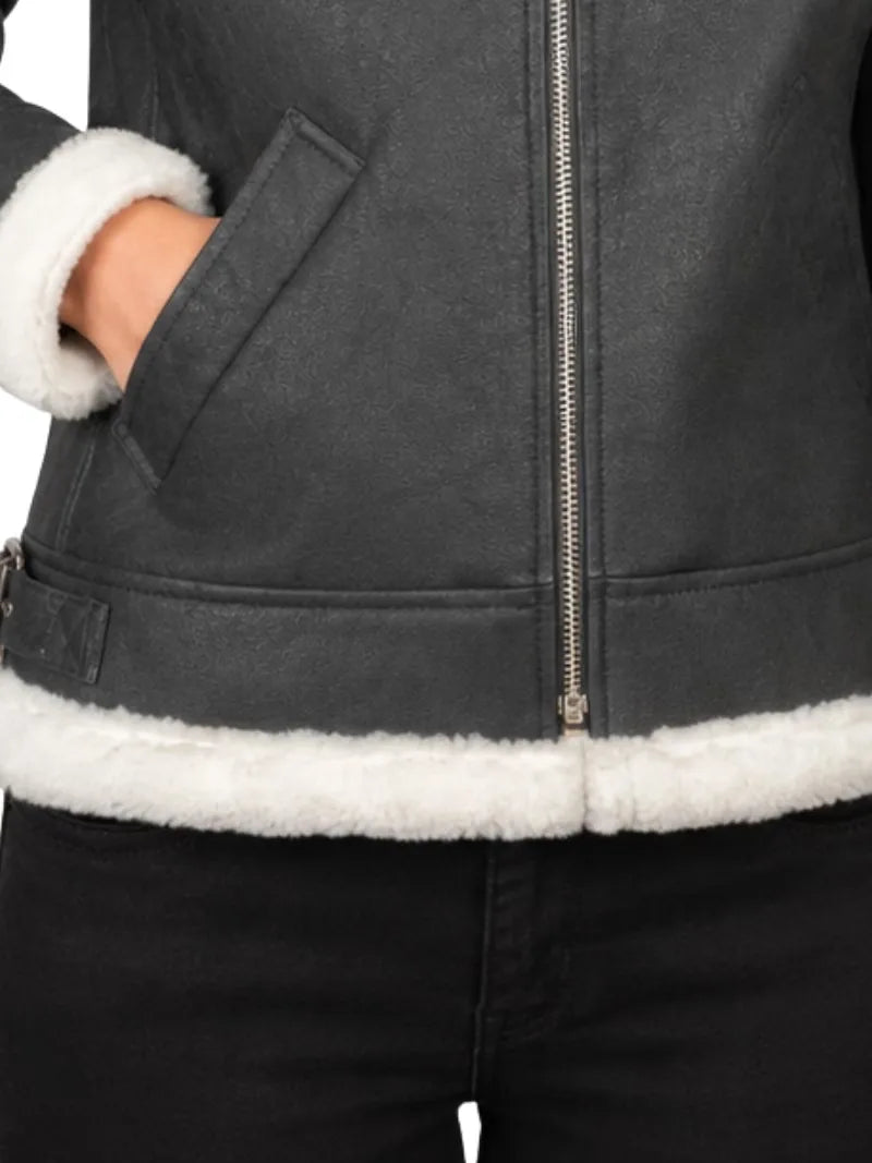 Women's black leather shearling leather jacket, pocket detail