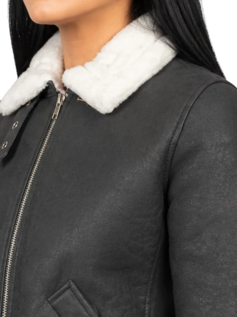 Women's black leather shearling leather jacket, cuff detail