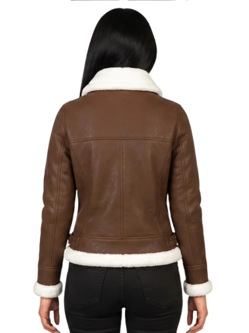 Women's black leather shearling leather jacket, collar detail