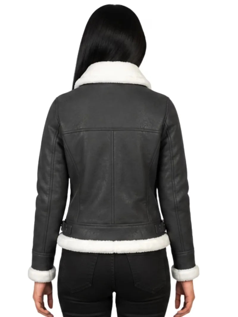 Women's black leather shearling leather jacket, back view