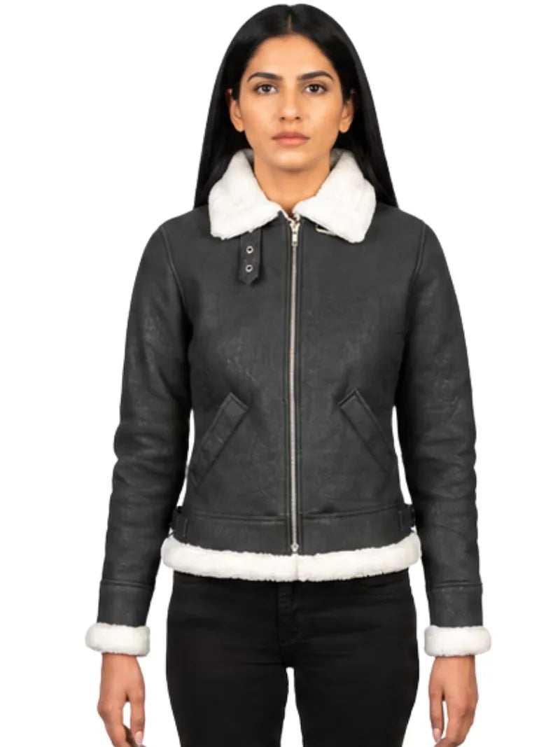 Women's black leather shearling leather jacket, front view
