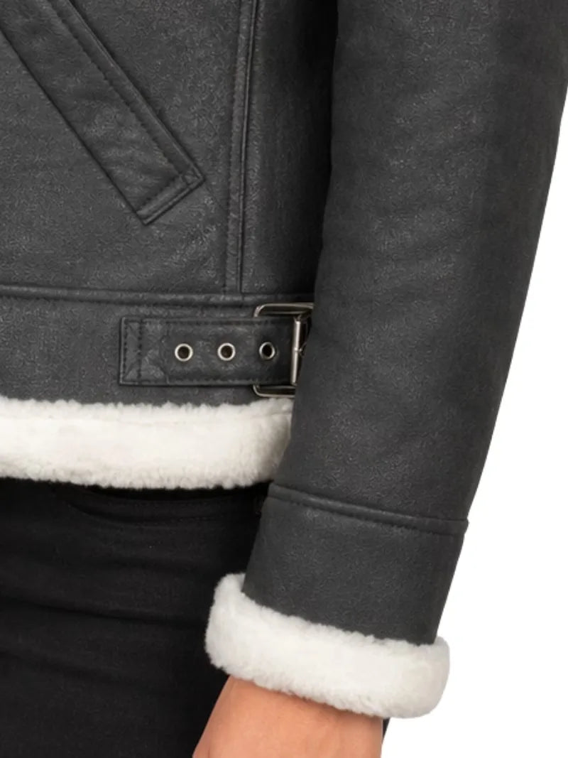 Women's black leather shearling leather jacket, lining detail