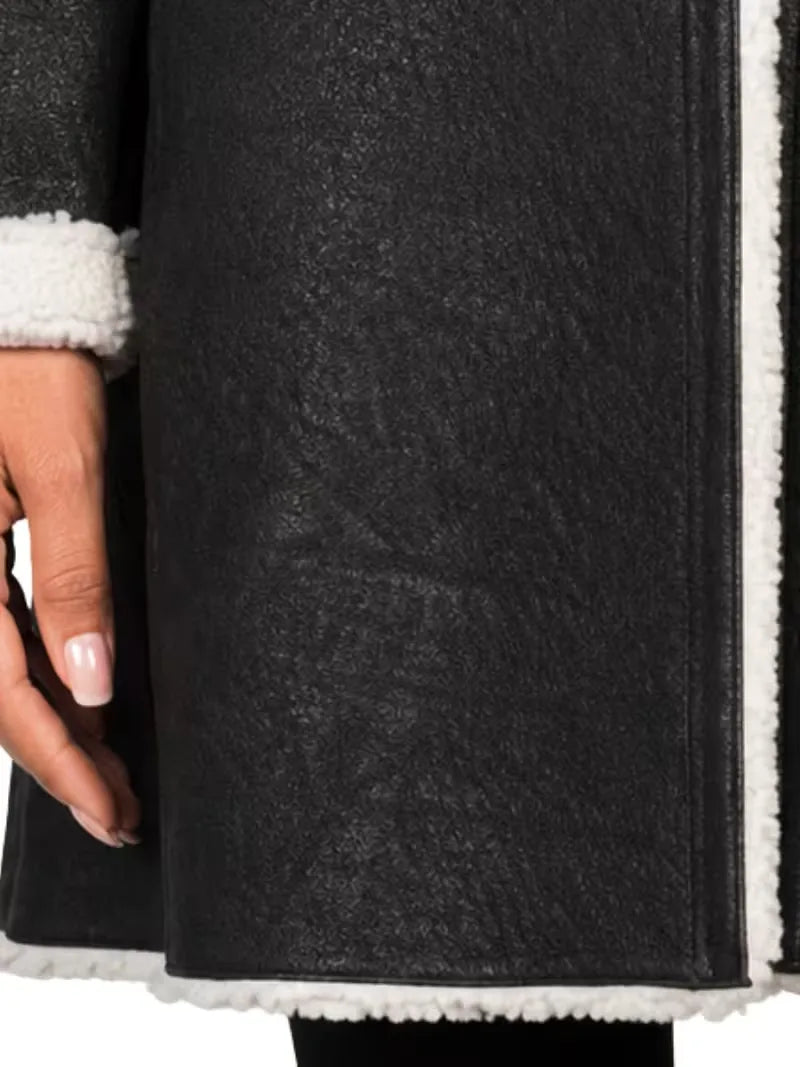 Women's black leather shearling leather jacket, lining detail