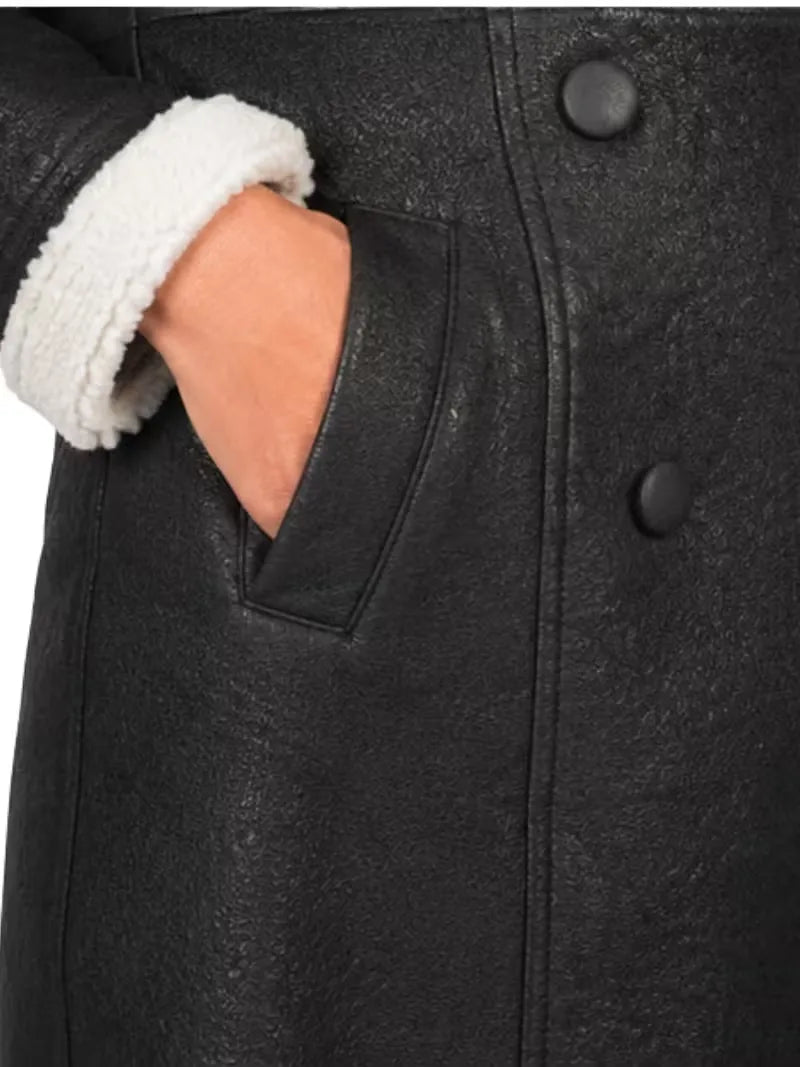Women's black leather shearling leather jacket, pocket detail