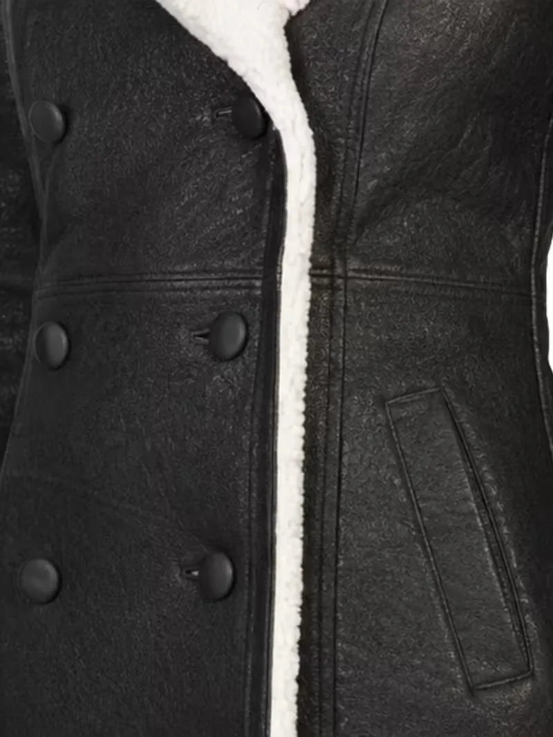 Women's black leather shearling leather jacket, cuff detail