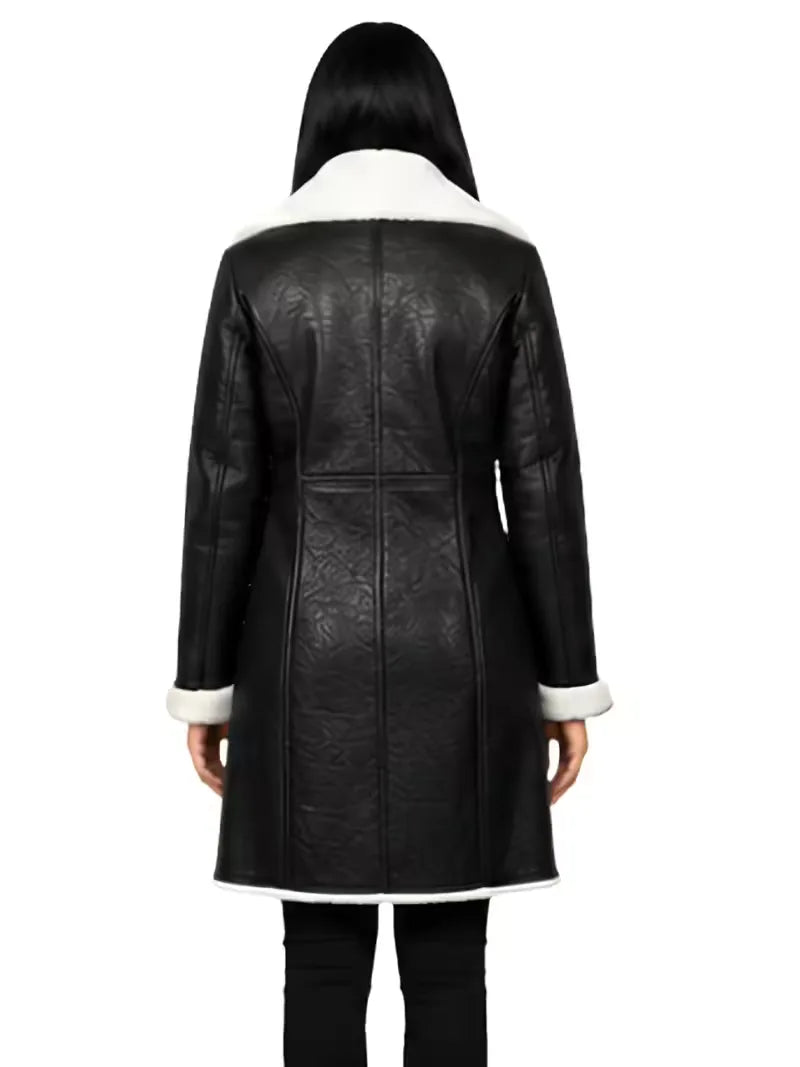 Women's black leather shearling leather jacket, back view
