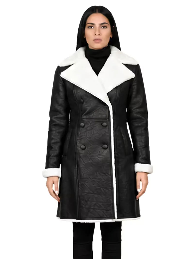 Women's black leather shearling leather jacket, front view