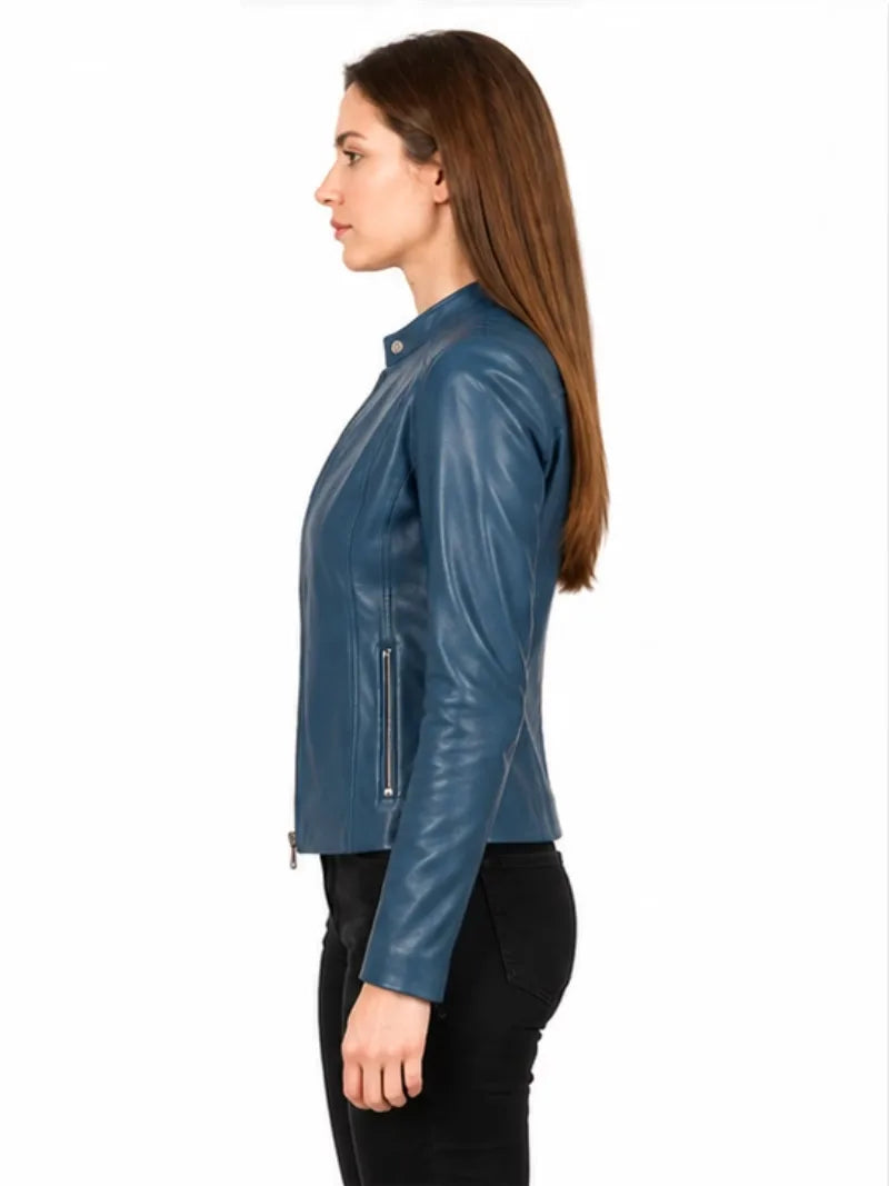 Women's blue sheepskin leather jacket, lining detail