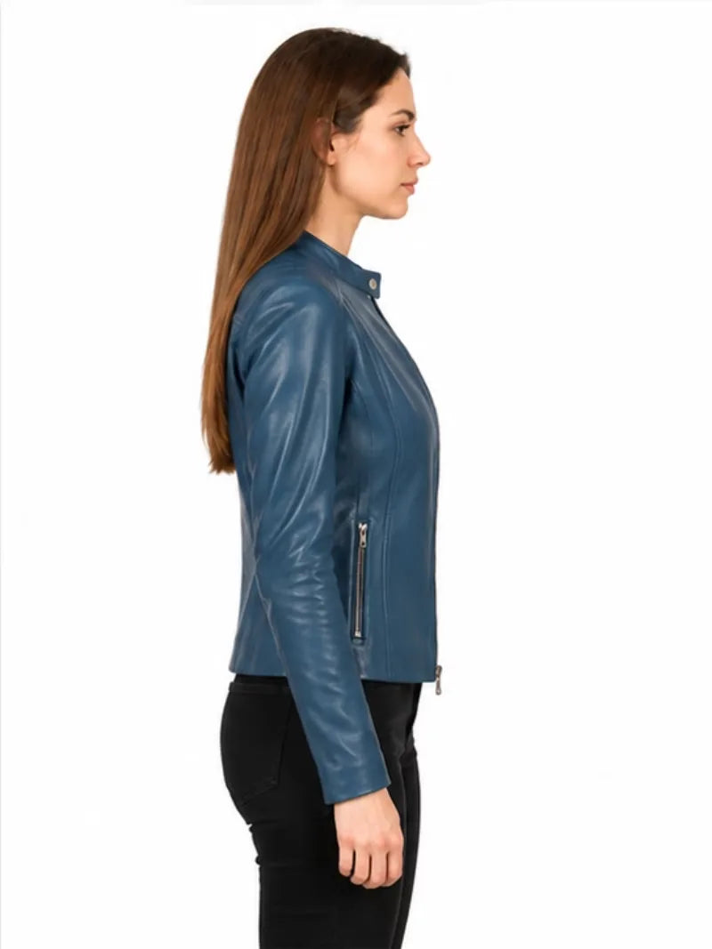 Women's blue sheepskin leather jacket, pocket detail