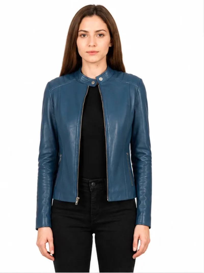 Women's blue sheepskin leather jacket, front view