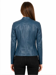 Women's blue sheepskin leather jacket, back view