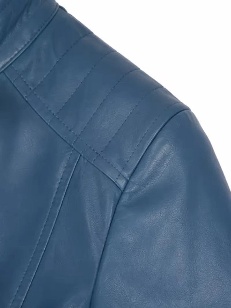 Women's blue sheepskin leather jacket, collar detail