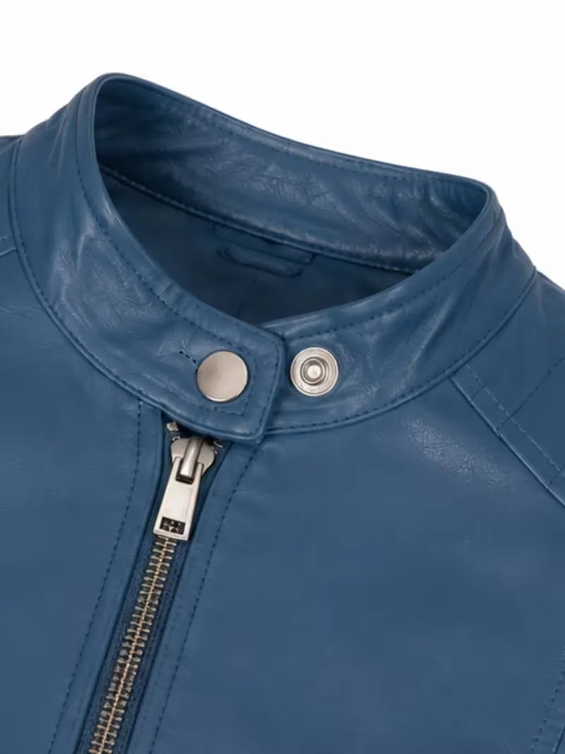Women's blue sheepskin leather jacket, side view
