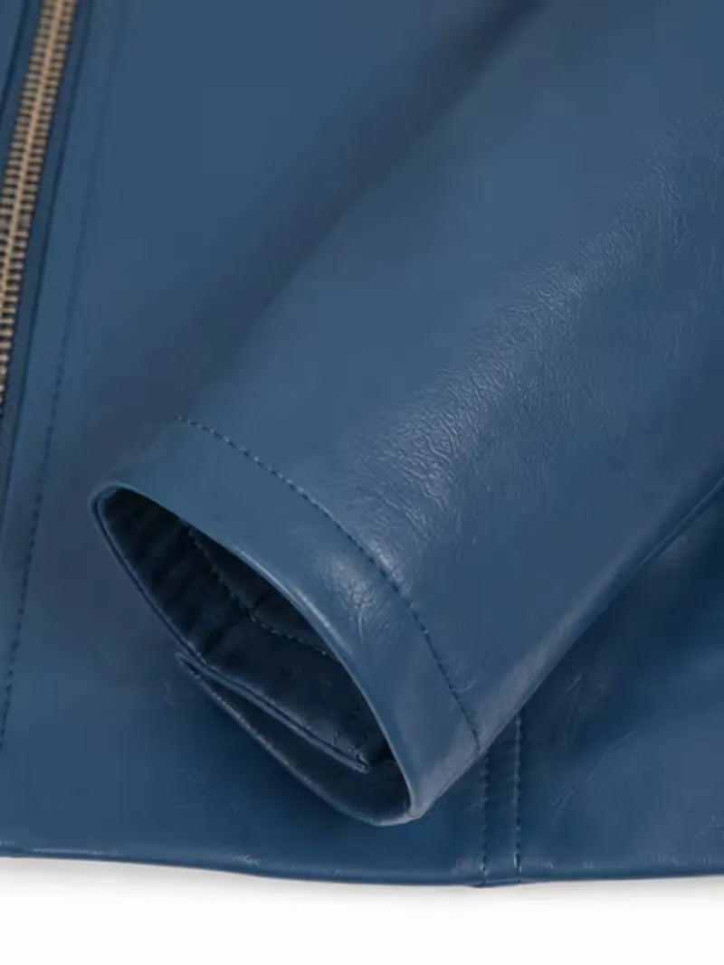 Women's blue sheepskin leather jacket, cuff detail