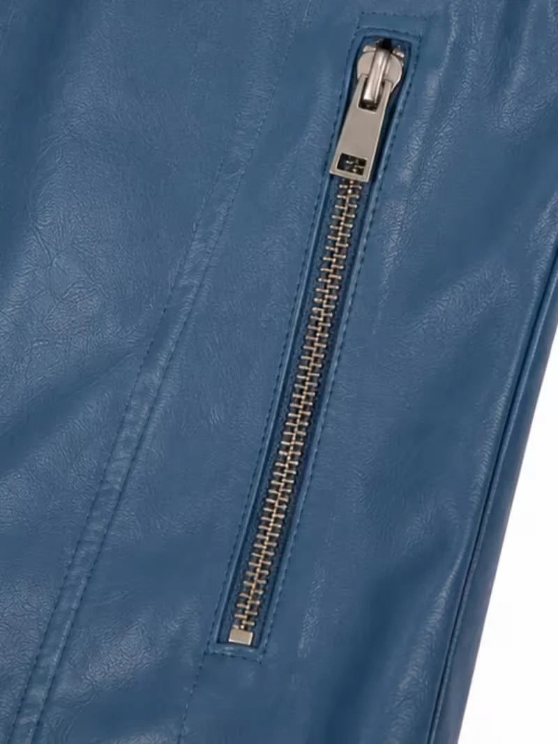 Women's blue sheepskin leather jacket, zip and closure detail