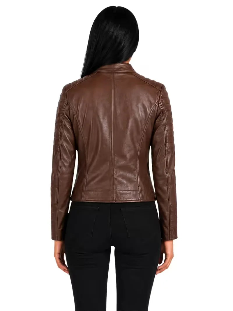 Women's black sheepskin leather jacket, collar detail