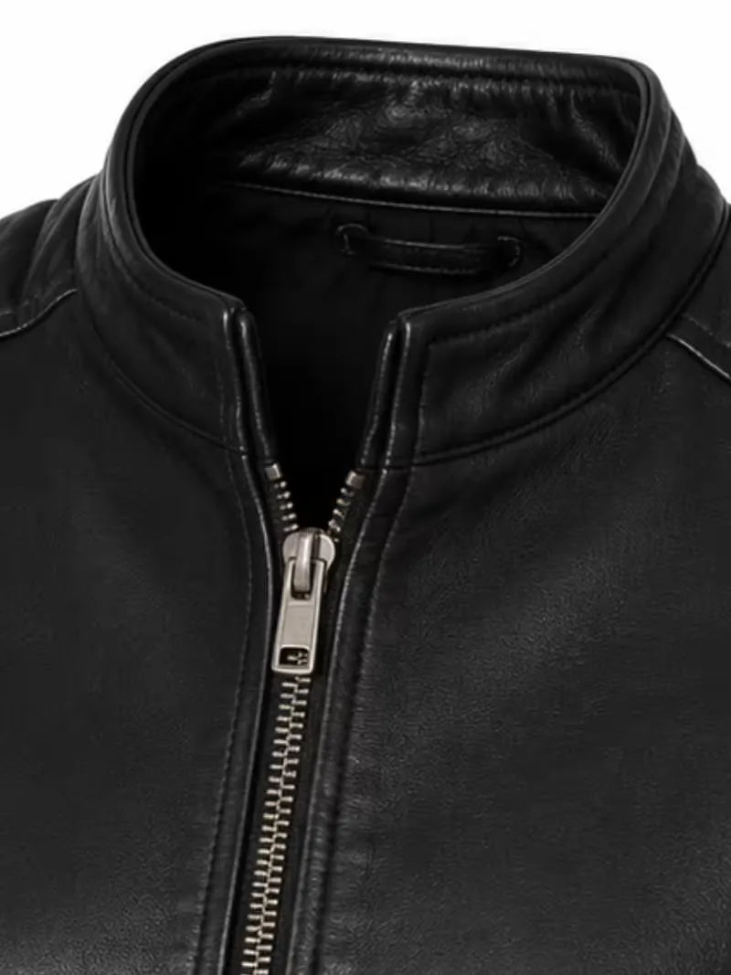 Women's black sheepskin leather jacket, zip and closure detail