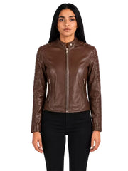 Women's black sheepskin leather jacket, side view