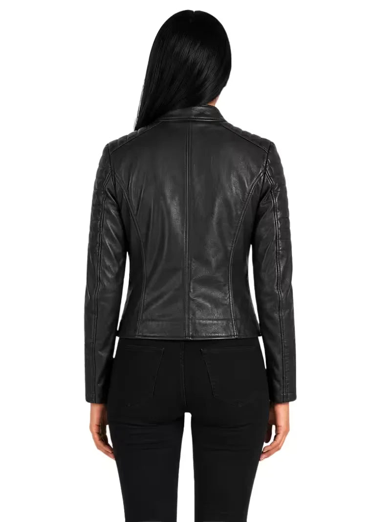 Women's black sheepskin leather jacket, back view