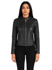 Women's black sheepskin leather jacket, front view