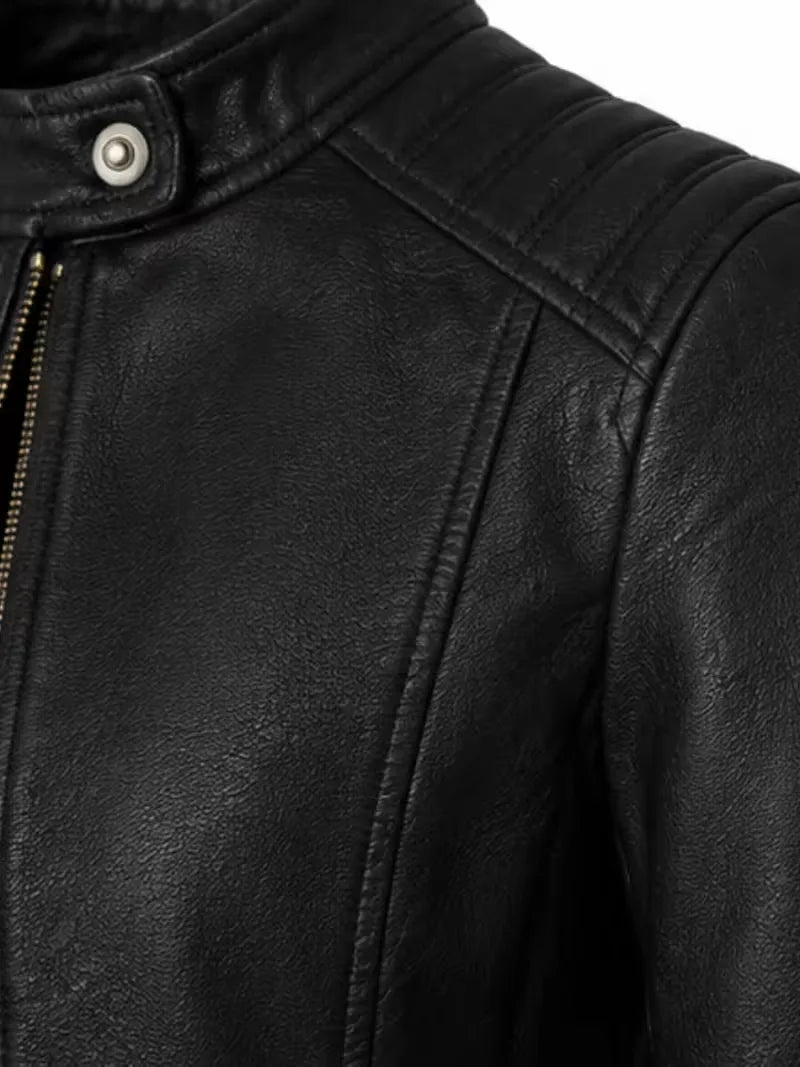 Women's black sheepskin leather jacket, cuff detail