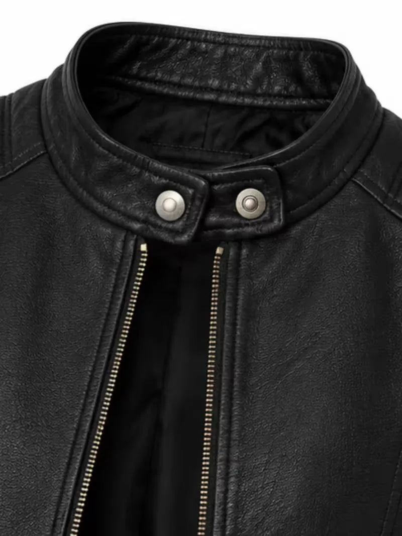 Women's black sheepskin leather jacket, zip and closure detail
