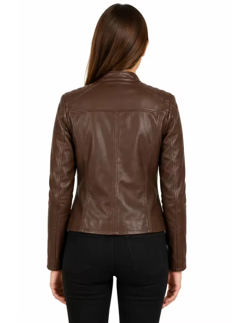 Women's black sheepskin leather jacket, collar detail