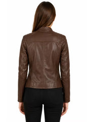 Women's black sheepskin leather jacket, collar detail