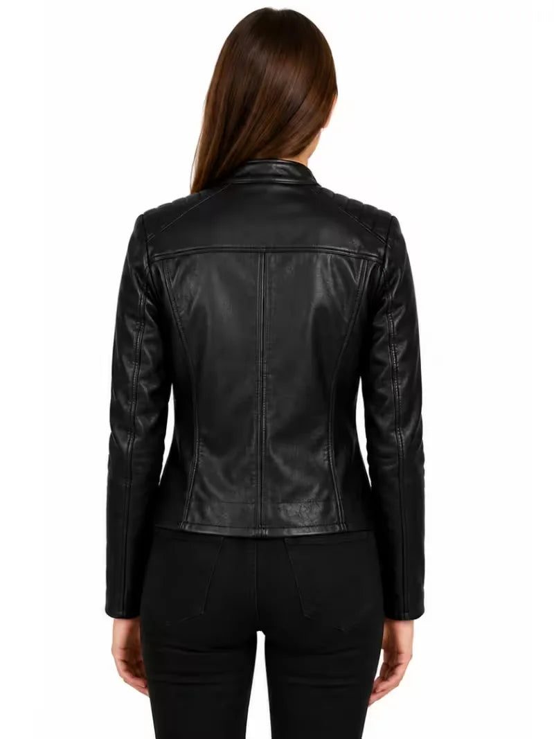 Women's black sheepskin leather jacket, back view