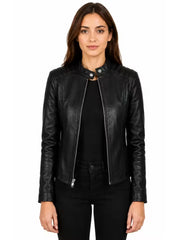 Women's black sheepskin leather jacket, front view