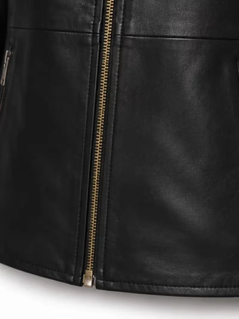 Women's black sheepskin leather jacket, pocket detail