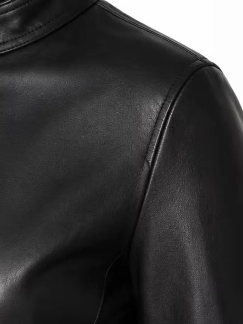 Women's black sheepskin leather jacket, cuff detail