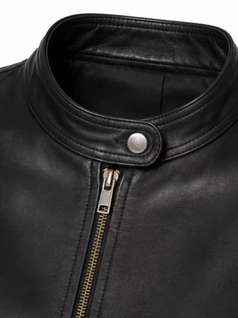 Women's black sheepskin leather jacket, zip and closure detail