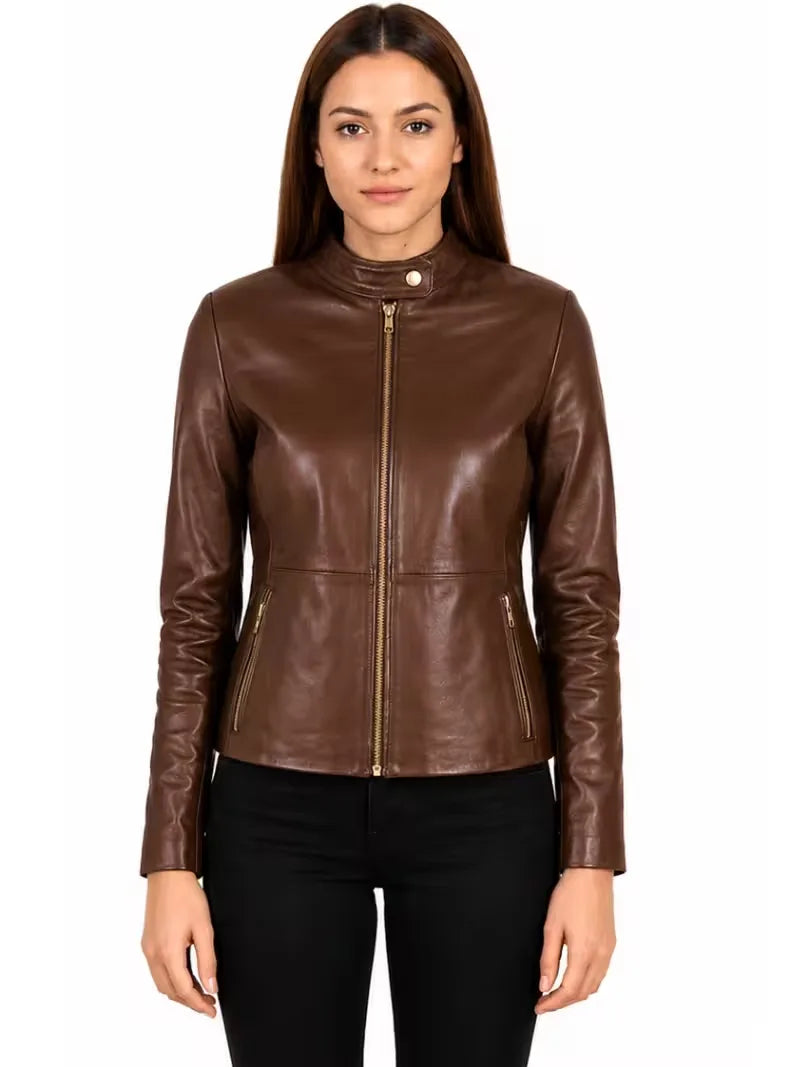 Women's black sheepskin leather jacket, side view
