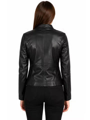 Women's black sheepskin leather jacket, back view